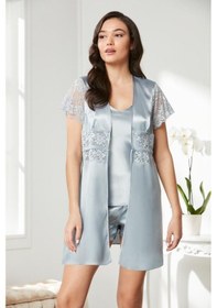 Resim Pierre Cardin Mist Saten Dantelli 3'lü Kadın Sabahlık-şort Takım 2480 Mist 