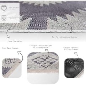 Resim RealHomes Gri Zeminde Baklava Motifli Kilim Desenli Bohem Sade & Şık Koridor & Kaymaz Taban Saçaklı Halı HaliDik-Deluxe-11008, 80 x 400 