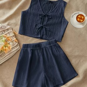 Resim Kadınların Sevimli Kolsuz V Yaka Üst ve Şort Takımı - Deniz Mavisi Beyaz Kurdele Detayı, Kıvrımlı Etek, Polyester Karışımı, Bahar/Yaz için Mükemmel, Rahat Kıyafet|V Yaka Üst|Polyester Karışımı 
