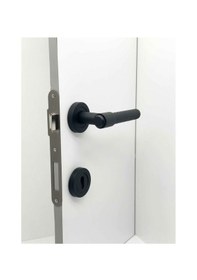 Resim Punch Mat Siyah Rozetli Oda Kapı Kolu 5 Takım 