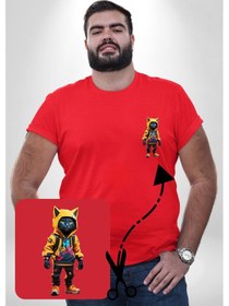 Resim Angemiel Spor Eşofman Takımı Sarı Kedi İnsan Kırmızı Büyük Beden Kadın Basic Minimal Baskılı Tişört Kırmızı 