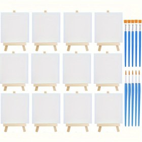 Resim 34 parça Mini Sanat Tahtaları & Sekiller & Fırçalar Seti (12 parça Tahta+12 parça Sekiller+10 parça Fırçalar): 10cm x 10cm (4"x4") Beyaz Boş Mini Tuval Panelleri ve Ahşap Sekiller ve Fırçalar Boyama, DIY ve Boyama Pratiği için 