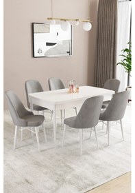 Resim Sar Pakete Almira Serisi, Beyaz 80x132 Açılabilir Mdf Mutfak Masası Takımı 6 Adet Sandalye Gri 