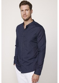 Resim Tudors Slim Fit Hakim Yaka Pamuklu Kolay Ütü Çizgili Lacivert Erkek Gömlek-27734-lacivert Lacivert 