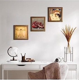 Resim Pinecone Gustav Klimt Anne Çocuk, Da Vinci Vitruvius Adamı, Nar Taş Duvar Tablosu - Ahşap Çerçeveli Taş Tablo - 25x25 cm - 3 Parça Set - Dekoratif Duvar Sanatı - Modern Ev Duvar Dekoru W3-1360 