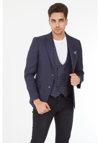 Resim Sposo 5139 Ekose Yelekli Dar Kalıp Lacivert Erkek Blazer Ceket Lacivert 