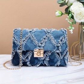 Resim Çapraz askılı kot çanta, şık gündelik tokalı kapatma, püsküllü kenarlı kapak, günlük işe gidip gelme, üniversite, parti için hafif omuz çantası - Polyester astarlı, yıkanmaz, değiştirilebilir askılı 