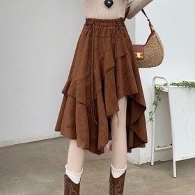 Resim Kadınlar İçin Yüksek Bel Asimetrik A Kesim Etek - Yapay Süet Fırfırlı Etek Ucu, Kemerli Bel, Kışlık Etek, Retro Post-Apokaliptik Tarz, Bol Kesim Şemsiye Etek, Düz Renk, Esnemez, Günlük ve Resmi Kullanım İçin (Sonbahar/Kış 2025 Yeni) - Hazır 