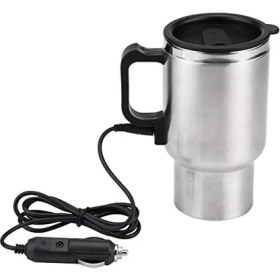 Resim Taşınabilir Araba Su Isıtıcısı, Adaptörlü Elektrikli Isıtmalı Paslanmaz Çelik Kupası Kupası, Gümüş, 450ML 