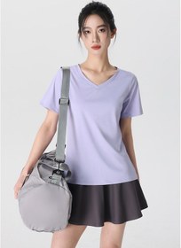 Resim Spor Esnek Buz İpek Serin V Yakalı Tişört Kazak Sis Moru 