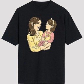 Resim Anneler Gününe Özel Tasarım Anne Kız Baskılı T-shirt - Siyah Siyah 