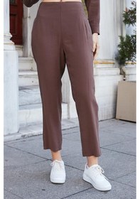 Resim JUMENT Kadın Likrasız Modal Kumaş Yüksek Bel Beli Lastikli Yan Cepli Dar Paça Bilek Boy Pantolon-kahve 