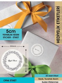 Resim Çiçek Motifli Çelenk Afiyet Olsun Etiketi 5 Cm - Letbil 40 Adet Opak Sticker Siyah - Beyaz 