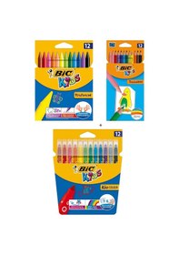 Resim Bic Pastel Boya Kalemi 12'li + Kuru Boya Kalemi 12'li + Yıkanabilir Keçeli Boya Kalemi 12'li 