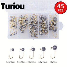 Resim TURIOU 45 Parça Ağırlıklı Balıkçılık Olta İğnesi Seti - Çeşitli Boyutlar, Kurşun ve Karbon Çelik Jig Kafaları, Yumuşak Yemler İçin Keskin Çengelli İğneler, Sevgililer Günü, Noel, Babalar Günü Hediyesi İçin İdeal 