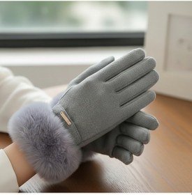 Resim Suni Kürk Detaylı Kadın Eldiven Açık Gri 