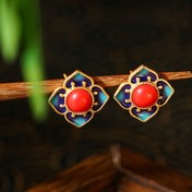 Resim Şık Vintage Tarzı Ruyi Çivi Küpeler Sahte Güney Kırmızı Yeşim - S925 Gümüş İğne, Mavi & Mor Emaye Cloisonne Tasarımı, Günlük Kullanım & Tatil Hediyeleri İçin İdeal, Çin Tarzı, Dört Parça, Yeşim 
