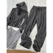 Resim 2025 İlkbahar Yeni Moda Kapüşonlu Sweatshirt ve Rahat Geniş Paça Pantolon Takımı Üç Parçalı Kıyafet 