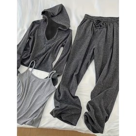 Resim 2025 İlkbahar Yeni Moda Kapüşonlu Sweatshirt ve Rahat Geniş Paça Pantolon Takımı Üç Parçalı Kıyafet 