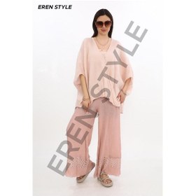 Resim Eren Style İtalyan Fisto Paça Detaylı Keten Pantolon-9893 Pudra 