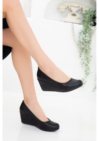 Resim Dilimler Ayakkabı Cilt Siyah Kadın Dolgu Topuklu Ayakkabı-1826-Siyah 