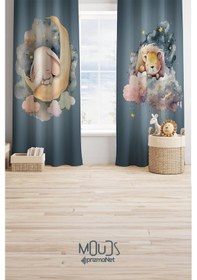 Resim Uykucu Fil Aslan Desenli Fon Perde Çocuk Ve Bebek Odası Süet Baskılı Ekstrafor Büzgü 2 Kanat Prd-64 Çok Renkli 