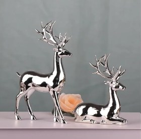 Resim Dekoratif Gümüş Kaplama Geyik Heykeli, 15,5 cm ve 11 cm, 2'li Set, PS Malzeme, Oturma Odası ve TV Ünitesi için 
