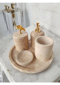 Resim Sarı Traverten Klasik Model 5 Parça Gold Renk Japon Gülü Aksesuarlı Banyo Seti Sarı Traverten 