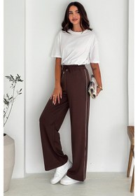 Resim Noa & Noa Kadın Lastikli Bel Bağcıklı Bol Paça Pantolon Rahat & Minimal Stil Kahverengi 