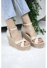 Resim Asmi Shoes Kadın Çapraz Bantlı Dolgu Topuklu 11cm Ayakkabı Rahat Yüksek Topuklu 700 Krem Krem 