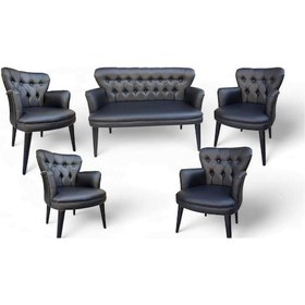 Resim Ahşap Ayaklı Siyah Deri Ofis Koltuk Takımı Büro Koltuk Ve Kanepeleri Mobilyası 1 Ikili 4 Tekli 