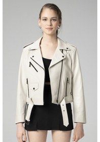 Resim Bej Dericlub Wm021 Gerçek Deri Biker Kadın Deri Mont 