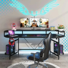 Resim Zeronex Modern Gaming Masa - Geniş Çalışma Alanlı, Raflı Oyuncu ve Bilgisayar Masası 