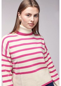 Resim Sââde Çizgili Balıkçı Yaka Oversize Triko Kazak Pembe 
