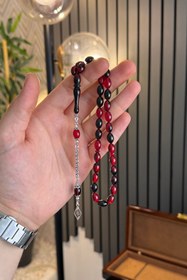 Resim dergah tesbih Kırmızı Siyah Ateş-i Kehribar Gümüş Tasarım 
