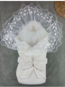 Resim Yenidoğan Kumru Soft Cotton Taç Nakışlı Trilüks Kundak Bebek Battaniyesi Ekru Ekru 