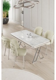 Resim Canisa Rigel Serisi 80x130 Lak Panel Beyaz Mermer Desen Masa Takımı Krom Ayaklı 4 Krem Sandalye Beyaz Mermer Desen Masa Sandalyeler Krem 
