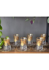 Resim Konyax Yelpaze Gerçek Altın İşlemeli El İşçiliği Çay Seti 6 Kişilik Renkli 