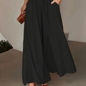 Resim Kadınlar için Yüksek Bel Geniş Paça Pantolon - Şık Günlük Gevşek Kesim Sahte İp Bağcıklı, Düz Siyah Her Mevsime Uygun Pantolonlar, Rahat Dış Giyim, Minimalist Moda, Esnek Olmayan Kumaş, Akıcı Alt Kısım, Konfor Odaklı Alıcılar 