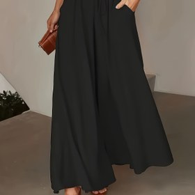 Resim Kadınlar için Yüksek Bel Geniş Paça Pantolon - Şık Günlük Gevşek Kesim Sahte İp Bağcıklı, Düz Siyah Her Mevsime Uygun Pantolonlar, Rahat Dış Giyim, Minimalist Moda, Esnek Olmayan Kumaş, Akıcı Alt Kısım, Konfor Odaklı Alıcılar 