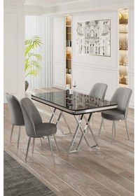 Resim Canisa Vals Serisi 80x130 Lak Panel Siyah Mermer Desen Masa Takımı Krom Ayaklı 4 Gri Sandalye Masa Siyah Mermer Desen Sandalye Gri 