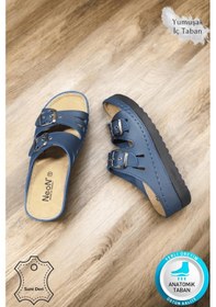 Resim Darma Kadın Günlük Terlik Çift Bant Taşlı Tokalı Ortopedik Taban Anne Dışarı & Ev İçi Terliği Lacivert 
