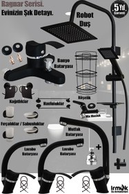 Resim tesitay Lavabo, Mutfak, Banyo Bataryası Siyah Eviye Musluk Armatür Robot Duş Seti Batarya Duş Seti L Ragnar 