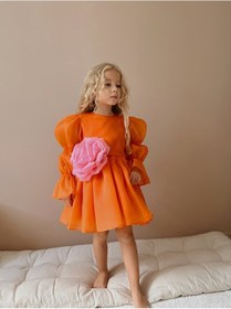 Resim Linola Baby Kids Rose Oranj Şifon Kız Çocuk Parti Elbisesi Turuncu 