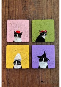 Resim Doğal Taş Bardak Altlığı Renkli Kedi Baskılı 4'lü Set Çok Renkli 