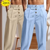 Resim 2 adet Erkek Linen Düz Renk İngiliz İş Gündelik Düz Pantolon, İpli Elastik Bel ve Düğme Tasarımı ile, Açık Hava Aktiviteleri, Fitness Sporları ve Gündelik Giyim için Uygun, Hafif Nefes Alabilir Konfor 