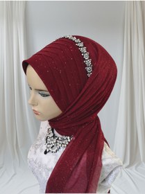 Resim NurAy Bordo Simli Tektek Hazır Şal Hazır Türban Abiye Şal 