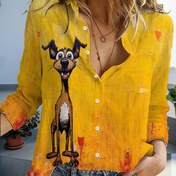 Resim Kadınlar için Oyunbaz Köpek Tasarımlı Uzun Kollu Gömlek - Günlük 3D Dijital Baskı, Trendy Gradyan Sarı ile Fantastik Köpek Detayı, Polyester, Düğmeli Yaka, İlkbahar/Sonbahar için Mükemmel 