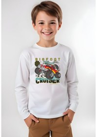 Resim Panios Kids Erkek Çocuk Beyaz Araba Baskılı Yuvarlak Yaka Sweatshirt Beyaz 