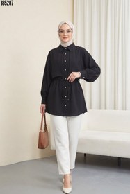 Resim Beli Bağlamalı Bolero Detaylı Taşlı Düğmeli Gömlek Siyah 